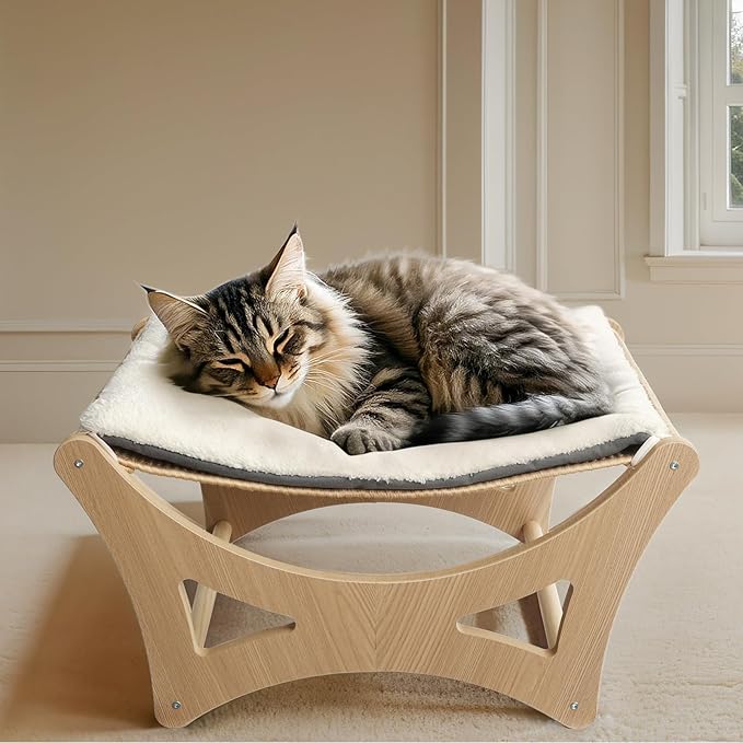 Cat Hammock Bed, Wooden Elevated Cat Beds with Natural Sisal Scratching Mat, Cats Scratcher Bed with Removable Soft Cushion, Cats Scratching Beds with Wood Frames, 22" L x 17.7" W-PawvioPets