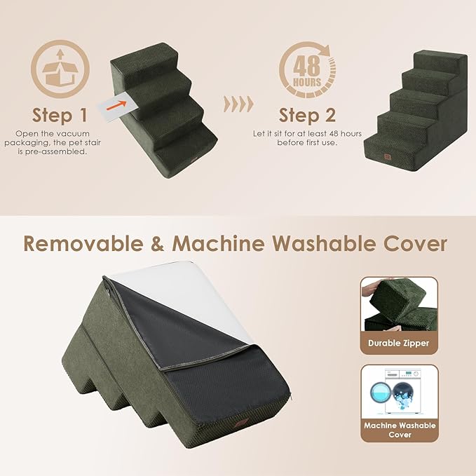 EHEYCIGA Dog Stairs for High Bed 22.5" H, 5-Step Dog Steps for Bed, Pet Steps for Small Dogs and Cats, Non-Slip Balanced Pet Ramp Indoor, Olive Green-PawvioPets