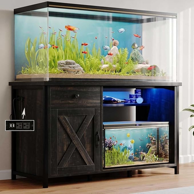 4ever2buy 55 Gallon Fish Tank Stand with LED Light & Power Outlets, 55-75 Gallon Aquarium Stand with Drawer & Barn Door, Cabinet for Fish Tank Accessories Storage for Reptile Tank, Turtle Tank, Oak-PawvioPets
