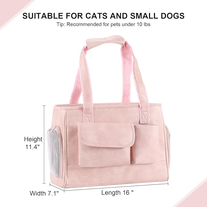 Dog Carrier Purse, Fashion Leather Pet Carrier Bag, Airline Approved Soft Sided Cat Travel Tote Bag with Pockets Pink-PawvioPets