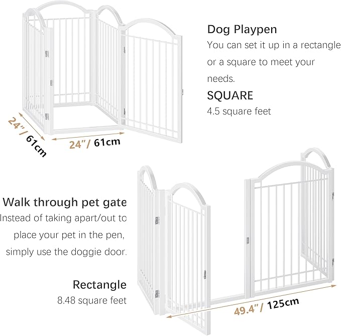 BHG Metal No-Assembly Freestanding Dog Gate with Door Walk Through, Extra Wide 96", Extra Tall 32" Pet Gate, Accordion Puppy Folding Playpen Dog Fence, with 2PCS Support (White, 4 Panels)-PawvioPets