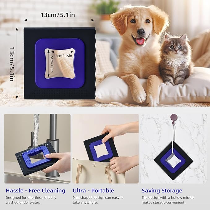 3 in 1 Mini Pet Hair Removal Tool, Dog and Cat Square Hair Remover for Car Detailing Supplies, Clothes, Couch and Carpet, Fur Cleaning Supplies for Furniture-Ergonomic and Anti-Slip, Mini Pet Supplies-PawvioPets