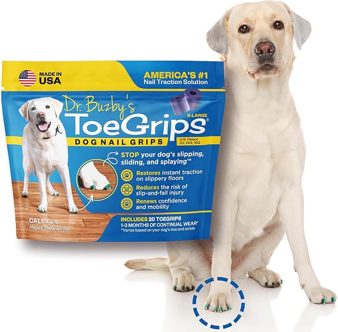 Dr Buzby's XLarge ToeGrips for Dogs - Instant Traction on Wood/Hardwood Floors - Anti Slip Relief - Grippers for Senior Dogs - Stop Sliding Instantly - Rubber Nails for Paws - 1 Pack (20 Grips)-PawvioPets