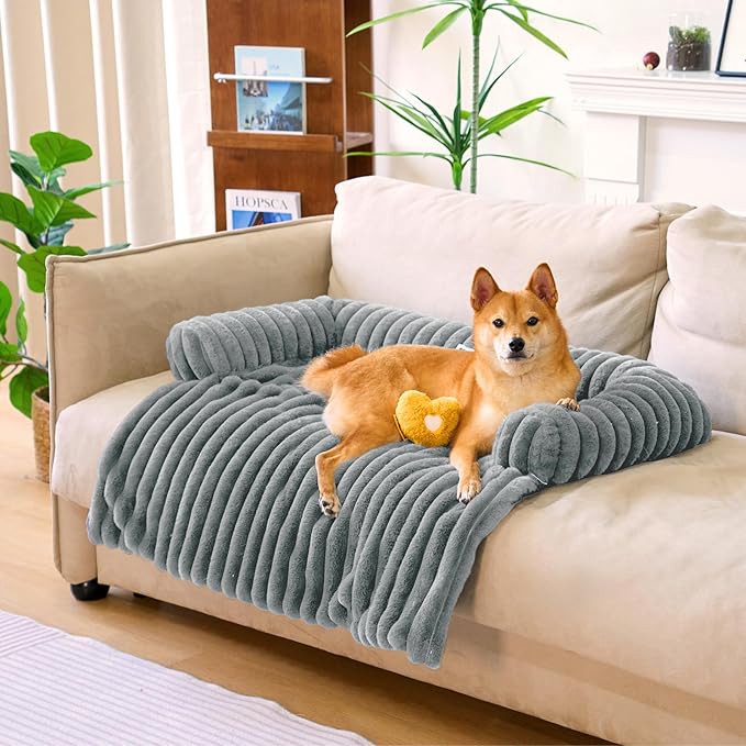 FUNNY FUZZY Pet Couch Cover for Sofa, Calming Dog Bed for Couch, Fluffy Plush Dog Couch Mat for Furniture Protector for Large Medium Small Dogs and Cats, Mist Grey-PawvioPets