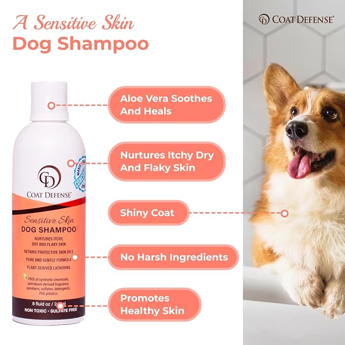 COAT DEFENSE Sensitive Dogs Shampoo | Made in USA | All-Natural Hypoallergenic - Soothes and Relieves Itchy & Dry Skin | 8 Ounces Concentrated Makes 32 Ounces-PawvioPets