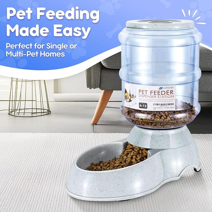 Flexzion Gravity Pet Feeder Food Dispenser (6-12 lb Size) Automatic Replenish Dry Food Storage Container Bowl for Small Medium Breed Dog Cat Animal Feeding Watering Fountain Supplies-PawvioPets