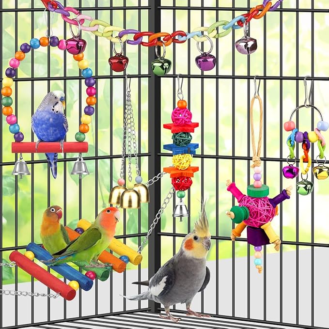 Bird Toys for Conures with Colorful Ladder Hammock Bird Cage Accerious Bird Perch Stand Chewing Toys Hanging Bell for Parrot Parakeet Cockatiel Lovebirds-PawvioPets