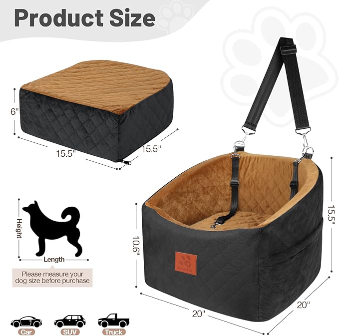 Dog Car Seat for Small Medium Dogs, Memory Foam Booster Car Seat for Dogs up to 35 lbs, Elevated Pet Car Seat, Travel Bed with Washable Removable Cover and Storage Pockets (Black/Coffee)-PawvioPets