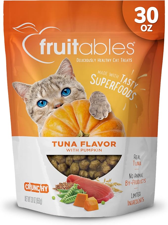 Fruitables Cat Treats, Healthy Treats for Cats, Low Calorie and Packed with Protein, Crunchy Biscuits, Free of Wheat, Corn and Soy, Made with Real Tuna and Pumpkin, 30oz-PawvioPets