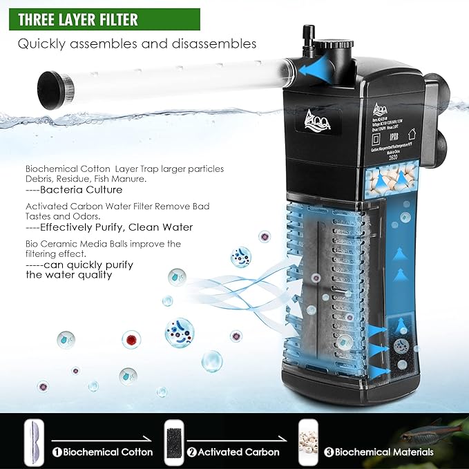 AQQA Aquarium Internal Filter, Submersible Power Filter in-Tank with Adjustable Water Flow, Ultra Silent Sponge Filter for Fish Tank Water Crystal Clear-PawvioPets