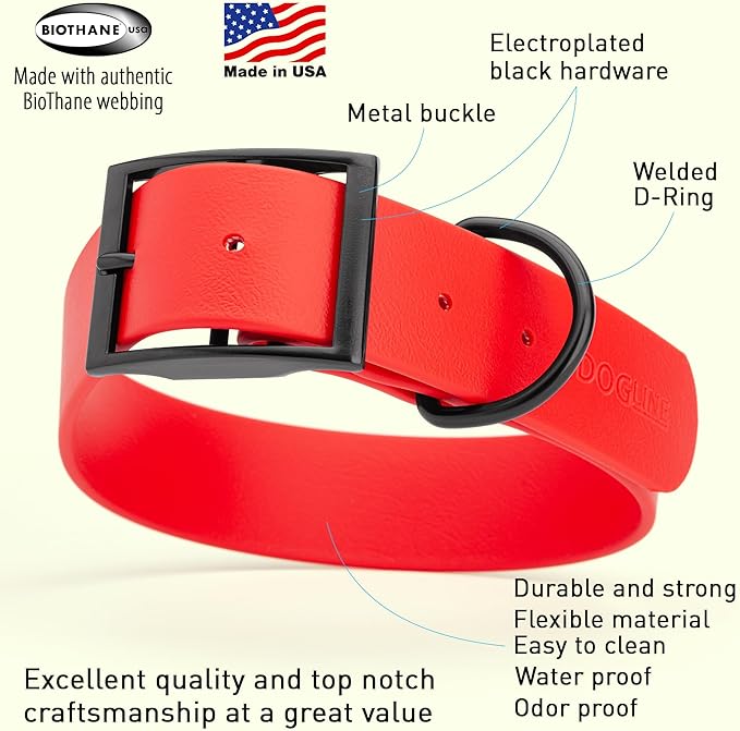 Dogline Biothane Waterproof Dog Collar Strong Coated Nylon Webbing with Black Hardware Odor- Proof for Easy Care Easy to Clean High Performance Fits Small Medium or Large Dogs, Cherry Red-PawvioPets