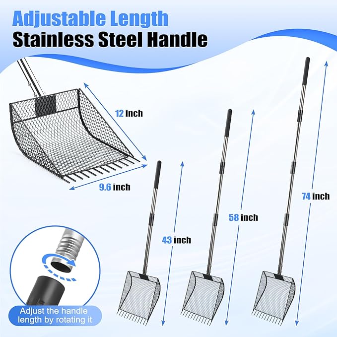 CAROD Chicken Poop Scooper & Rake 2-in-1, Metal Chicken Coop Scoop for Poop with 24 to 68" Adjustable Stainless Steel Handle, Litter Scooper Sand Sifting Shovel Chicken Coops/Animals House-PawvioPets