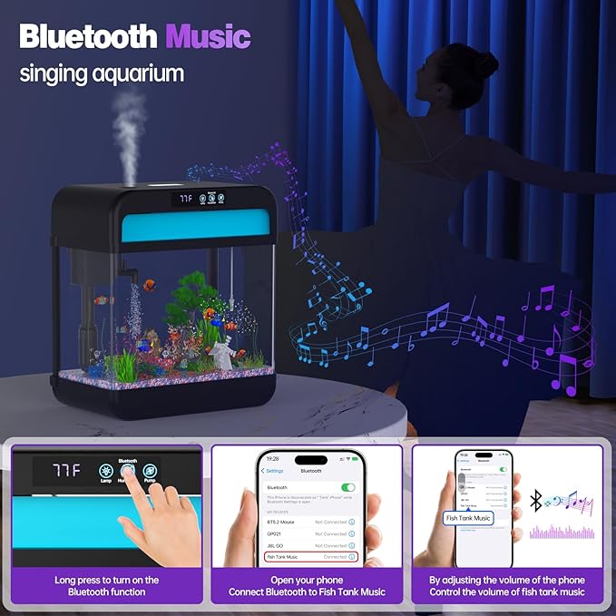Fish Tank 2.2 Gallon Fish Aquarium with Music Humidifier 7 Color Auto-Looping Light Adjustable Water Pump with Filtration & Aeration & Circulation, Temperature Display, Bottom Water Changer-PawvioPets