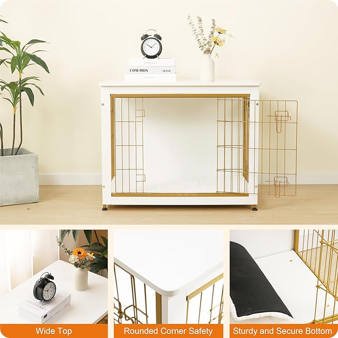 DWANTON Dog Crate Furniture with Cushion, Wooden Kennel Table with Double Doors, Indoor Dog House, Medium Size, 32.5" L, White-PawvioPets