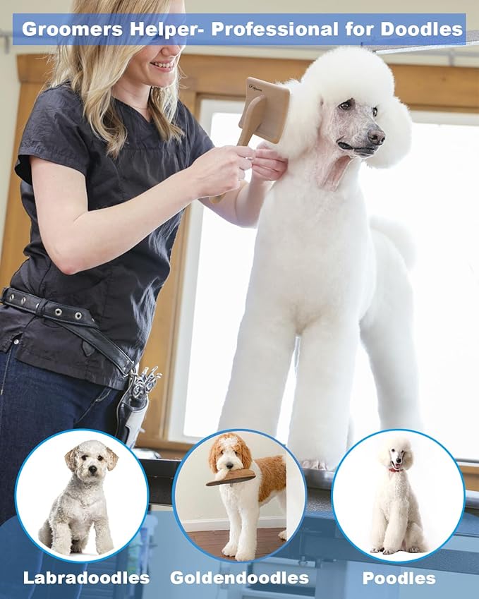 Dog Slicker Brush for Large Dogs, Professional Doodles Brush for Poodles, Goldendoodles and Labradoodles - Easy to Remove Tangles, Mats and Fluff - 3.8"x3.2" Head, 8" Wood Body-PawvioPets