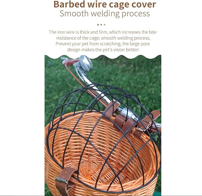 Bike Pet Basket, Wicker Bike Basket for Small Dogs Cats Pet Carrier Front Basket with Wire Mesh Cover and Lid, Wicker Basket for Dogs and Cats, Rattan Storage Basket, 11.81 * 9.84 inch (A)-PawvioPets