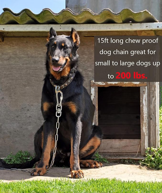 15 ft Dog Chains for Outside - Heavy Duty Tie Out Chain Leash Great for Small to Large Dogs Up to 200Lbs - Chew Proof Long Chain for Yard Camping or Travel (15ft Without Spring)-PawvioPets