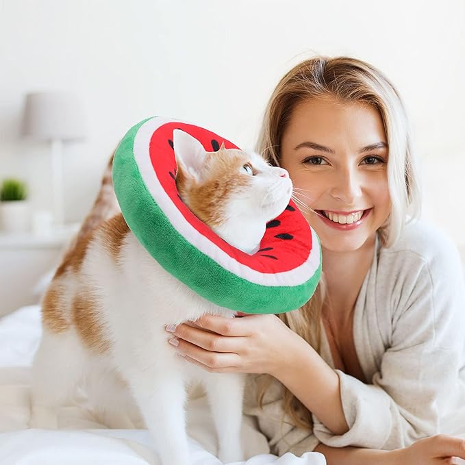 2 Pcs Adjustable Cat Cone Collar Soft Small Cute Cat Recovery Donut Collar After Surgery Orange Watermelon Elizabethan Kitten Neck Cones for Small Dogs Pet, Fruits Shaped, Under 7 lbs-PawvioPets