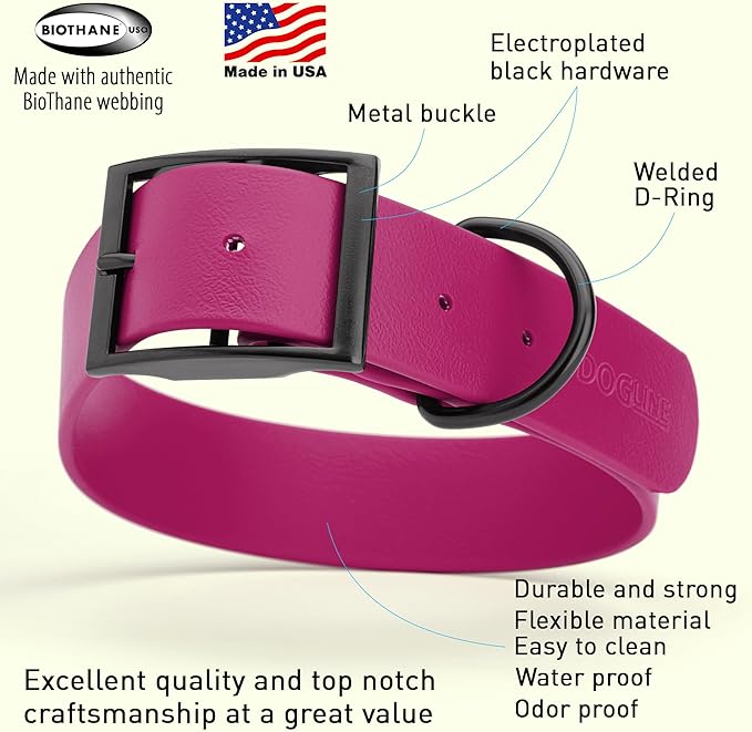 Dogline Biothane Waterproof Dog Collar Strong Coated Nylon Webbing with Black Hardware Odor- Proof for Easy Care Easy to Clean High Performance Fits Small Medium or Large Dogs, Magenta Pink-PawvioPets