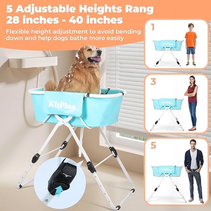 Elevated Portable Dog Bathtub, 5 Height Adjustable Dog Washing Station for Pet Shower and Grooming Foldable Bathing Tub with Storage & Anti-Slip Design for Small Large Dogs Cats-PawvioPets