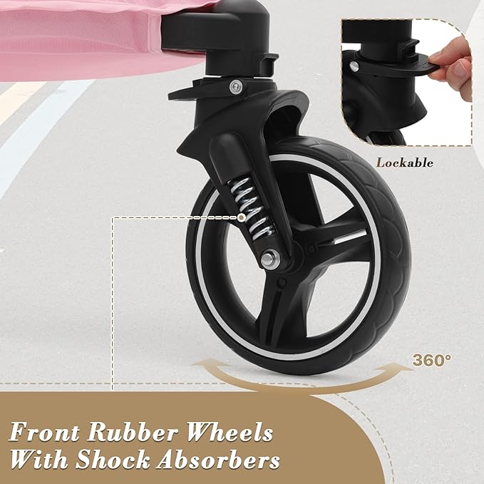 Athena Collection 3 Wheels Pet Stroller Fabric Dog Cart Dog Stroller for Large Dogs 55 Lbs Pet Stroller with Mesh Windows, Zipper Back Pocket, Safety Tether, Angle Adjustable Handlebar, Pink-PawvioPets