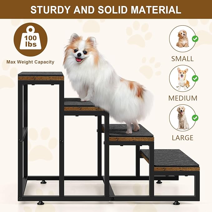 Dog Stairs for High Beds 4 Steps Dog Stairs for Small Medium Dogs Pet Stairs/Steps for Puppy, Cats, and Dogs, Easy to Walk on Dog Step for Beds and Cars-PawvioPets
