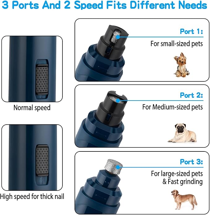 Casfuy Dog Nail Grinder Upgraded - Professional 2-Speed Electric Rechargeable Pet Nail Trimmer Painless Paws Grooming & Smoothing for Small Medium Large Dogs & Cats(Dark Blue)-PawvioPets