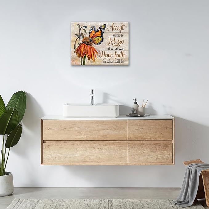 Farmhouse Butterfly Bathroom Pictures Wall Art, Rustic Floral Country Bathroom Wall Decor, Daisy Inspirational Framed Painting Canvas Artwork for Bedroom Living Room Decorations 16"L x 12"W-PawvioPets