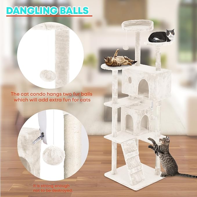 FDW Cat Tree 70in Cat Tower Multi-Level Durable Cat Scratching Post & Cozy Fun Cat Jumping Platform Space Saving Cat Condo Pet Play House for Indoor Cats,Beige-PawvioPets
