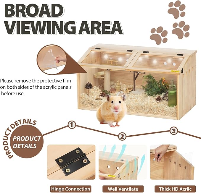 COZIWOW Wooden Hamster Cage, Large Hamster Habitats Enclosure with Acrylic Window & Openable Top, (32" L x 16" W x 16" H) Small Animal Cage for Guinea Pig, Chinchilla, Gerbil-PawvioPets
