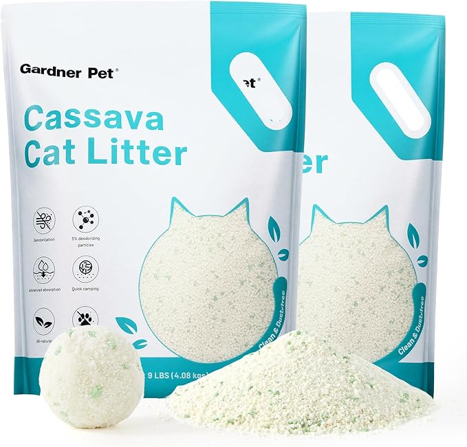 Gardner Pet Cassava Cat Litter, Clumping Cat Litter with Odor Control, Low Dust, Natural Plant-Based Litter, Fast Absorption & Low Tracking Kitty Litter, Unscented with Deodorizing Pellets (9LBS*2)-PawvioPets