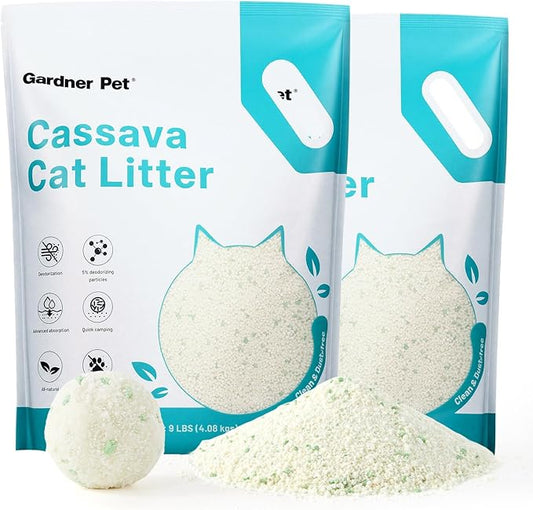 Gardner Pet Cassava Cat Litter, Clumping Cat Litter with Odor Control, Low Dust, Natural Plant-Based Litter, Fast Absorption & Low Tracking Kitty Litter, Unscented with Deodorizing Pellets (9LBS*2)-PawvioPets