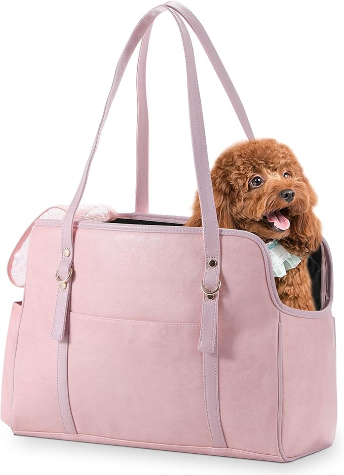 Dog Carrier Purse, Fashion Leather Pet Carrier with Pockets, Airline Approved Soft Sided Dog Carrying Bag for Puppy Cat Dog Pink-PawvioPets