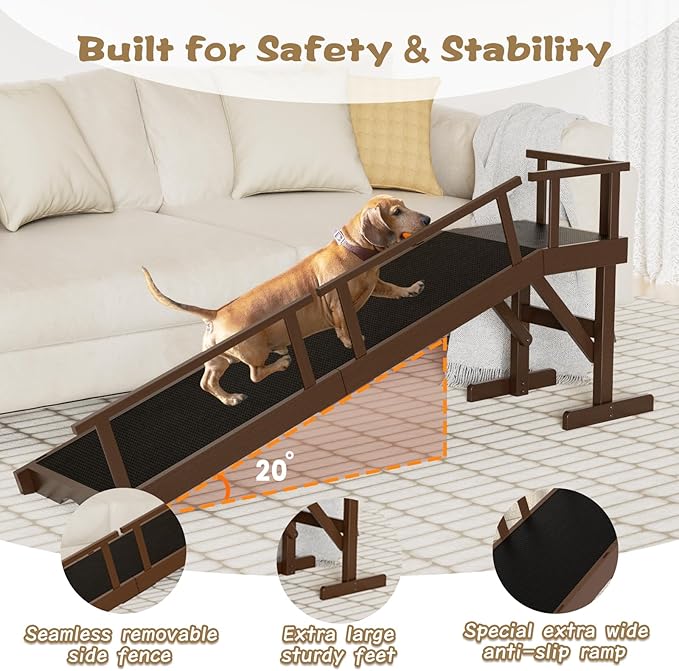 61" Dog Ramp for Bed, Pet Ramp with Removable Side Rail and Non-Slip Surface, Pet Ramp for Small & Large & Senior Dogs with Rest Platform and DIY Glow Strips,Dog Stairs for Couch, Brown-PawvioPets