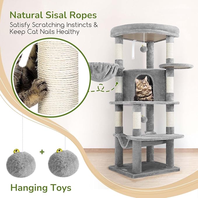 Globlazer Corner Cat Tree Tower for Indoor Cats, 51in Multi-Level Cat Condo Tower with Large Hammock, 7 Sisal Scratching Posts, Oversized Top Perch, Spacious Cat Cave, Hanging Basket, C51, Light Gray-PawvioPets