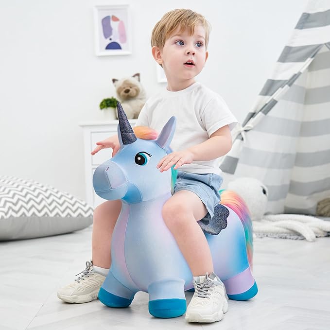 EVERICH TOY Unicorn Bouncy Horses Inflatable Plush Hopping Toy Bouncing Hopper Animals for Toddlers,Outdoor&Indoor Bouncy Animals for Toddlers,Gift for 18 Months 2 3 4 Year Old (W/Pump)-PawvioPets