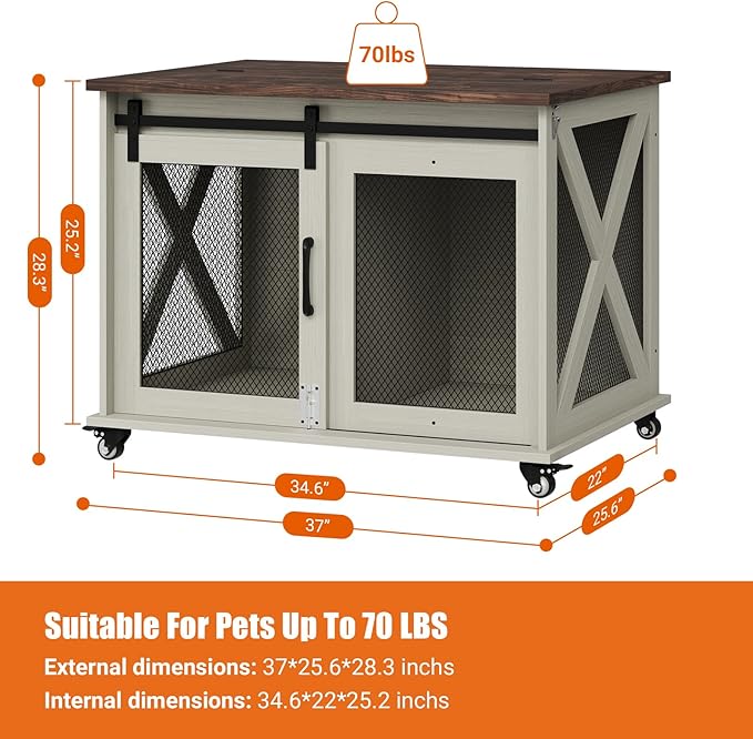 Dog Crate Furniture,37 Inch Indoor Dog Cage with Sliding Barn Door, Flip Top Dog Kennel End Table with Removable Divider, Farmhouse Wooden Pet House for Small to Middle Size Dogs-PawvioPets