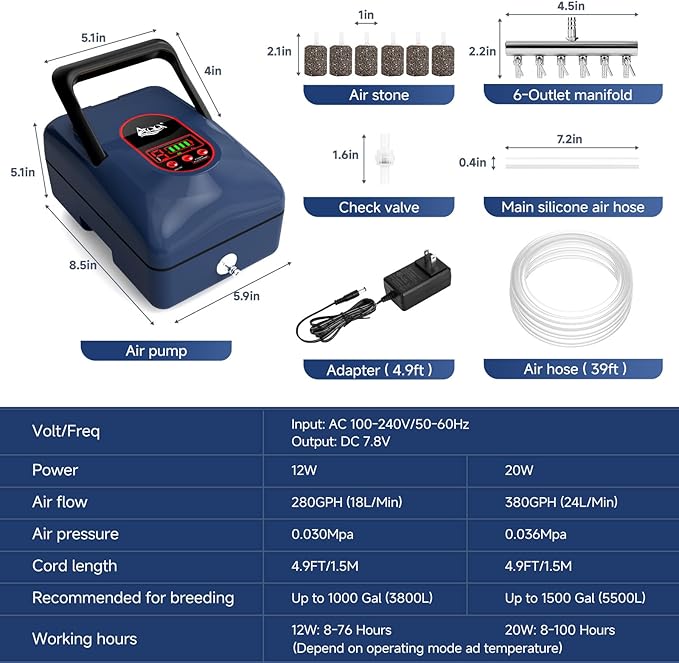 AQQA Aquarium Air Pump,AC/DC Battery Air Pump for Pond Fish Tank,9 Gear Adjustable Air Volume,IPX6 Waterproof Rechargeable Bubbler Aerator for Outdoor Fishing Breed Aquatics (20W)-PawvioPets