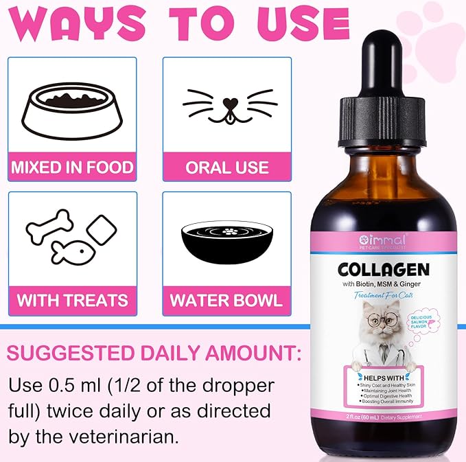 Collagen for Cats, Daily Liquid Collagen Drops for Cats with Allergies, Biotin, Vitamin C and Hyaluronic Acid, Improves Mobility Skin and Coat Health, Itch Relief for Cat, Salmon Flavor, 60ML-PawvioPets