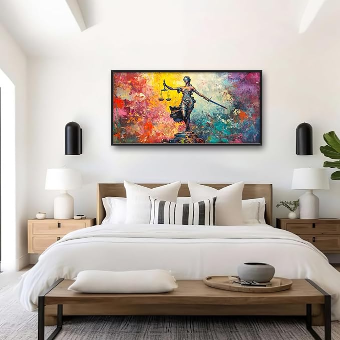 Extra Large Lady Justice Framed Wall Art for Living Room,Oversized Scales of Justice Pictures Wall Decor,Abstract Colorful Canvas Print Painting Modern Artwork Bedroom Office Bathroom 60L" x 30W"-PawvioPets
