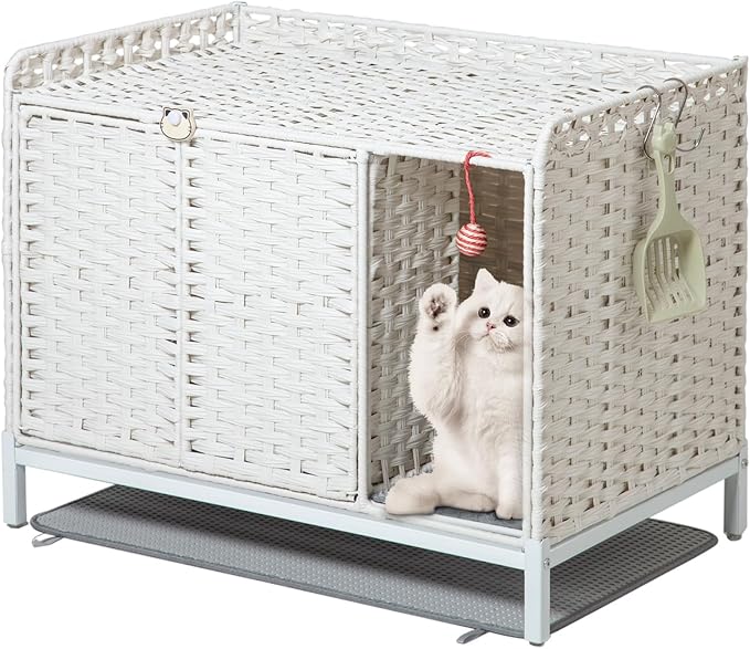 Cat Litter Box Enclosure Furniture with Divider, Handwoven Rattan Litter Box with Mat, 31.2 x 19.6 x 24.2 Inches, Metal Heightened Feet, Hidden Cat House for Living Room, Bedroom (White)-PawvioPets