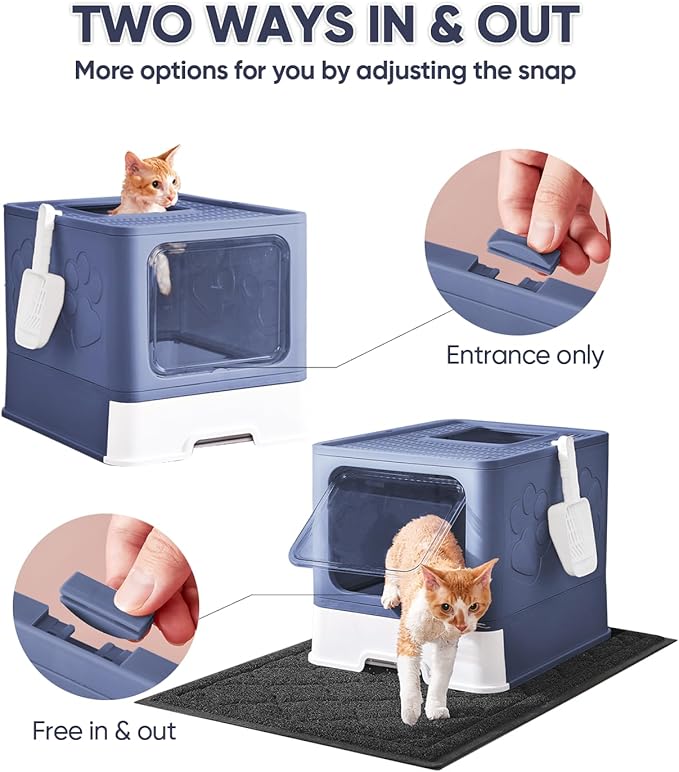 Cat Litter Box with X-Large Litter Mat and Scoop, Large Foldable Litter Box with Lid, Enclosed Kitty Box,Front Top Entry Exit, Odor Control Easy to Clean (Upgrade Midnight)-PawvioPets