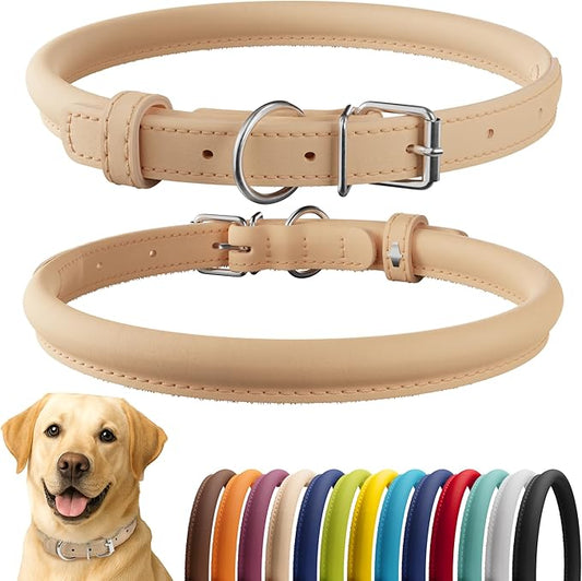 CollarDirect Rolled Leather Dog Collar, Soft Padded Round Puppy Collar, Handmade Genuine Leather Collar Dog Small Large Cat Collars 13 Colors (15-19 Inch, Beige Smooth)-PawvioPets