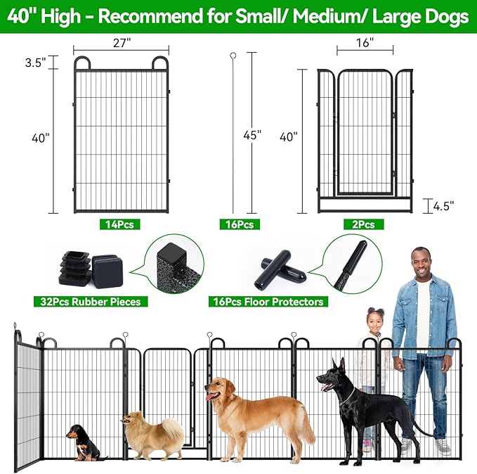 Dog Playpen Outdoor 16 Panels Heavy Duty Dog Fence 40" Height Anti-Rust with Doors Portable for RV Camping Yard, Total 36FT, 102 Sq.ft, Snowy Black-PawvioPets