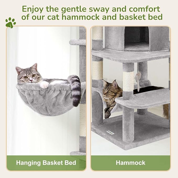 Globlazer Corner Cat Tree Tower for Indoor Cats, 51in Multi-Level Cat Condo Tower with Large Hammock, 7 Sisal Scratching Posts, Oversized Top Perch, Spacious Cat Cave, Hanging Basket, C51, Light Gray-PawvioPets