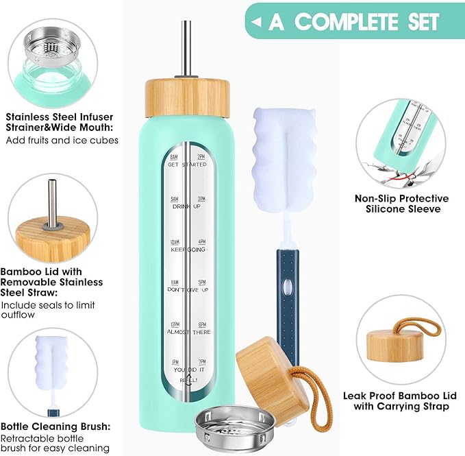 32 oz Glass Water Bottle with Straw - Motivational Time Marker & Silicone Sleeve - Reusable Tumbler Includes 2 Bamboo Lids & Fruit Infuser - 1 Pack-PawvioPets