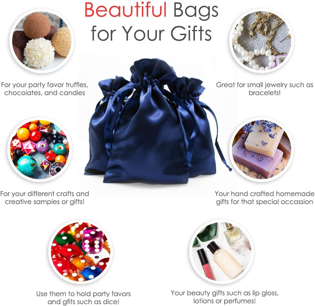 Knitial 6" x 9" Navy Blue Satin Gift Bags, Jewelry, Wedding Favor Drawstring Bags Baby Shower Christmas 50 Count