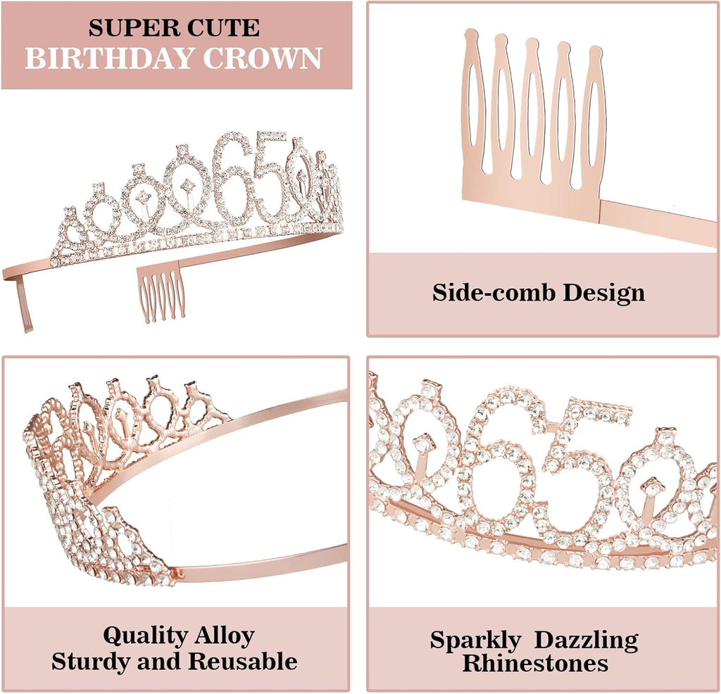 65th Birthday Decorations for Women, Including Sash, Crown/Tiara, Candles, Cake Topper, 65th Birthday Gifts for Women