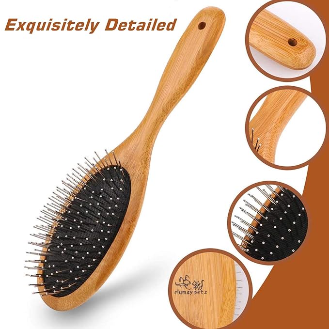 ClumsyPets Dog & Cat Ball Pin Slicker Grooming Brush with Bamboo Handle for Pets Massage Bath and Removes Mats Loose Fur Hairs-PawvioPets