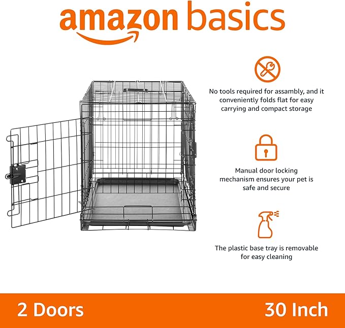 Amazon Basics Durable,Foldable Metal Wire Dog Crate with Tray, Double Door, 30 x 19 x 21 in, Black-PawvioPets